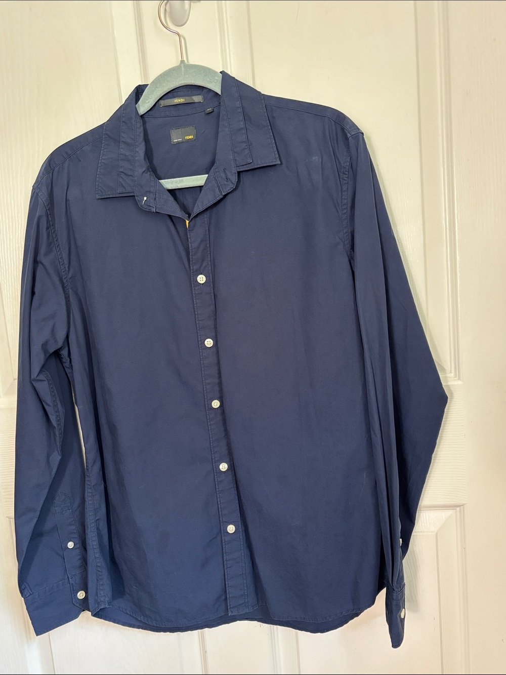 FENDI Men's Navy Button-Up Shirt Cotton size 52 / size XL double collar design